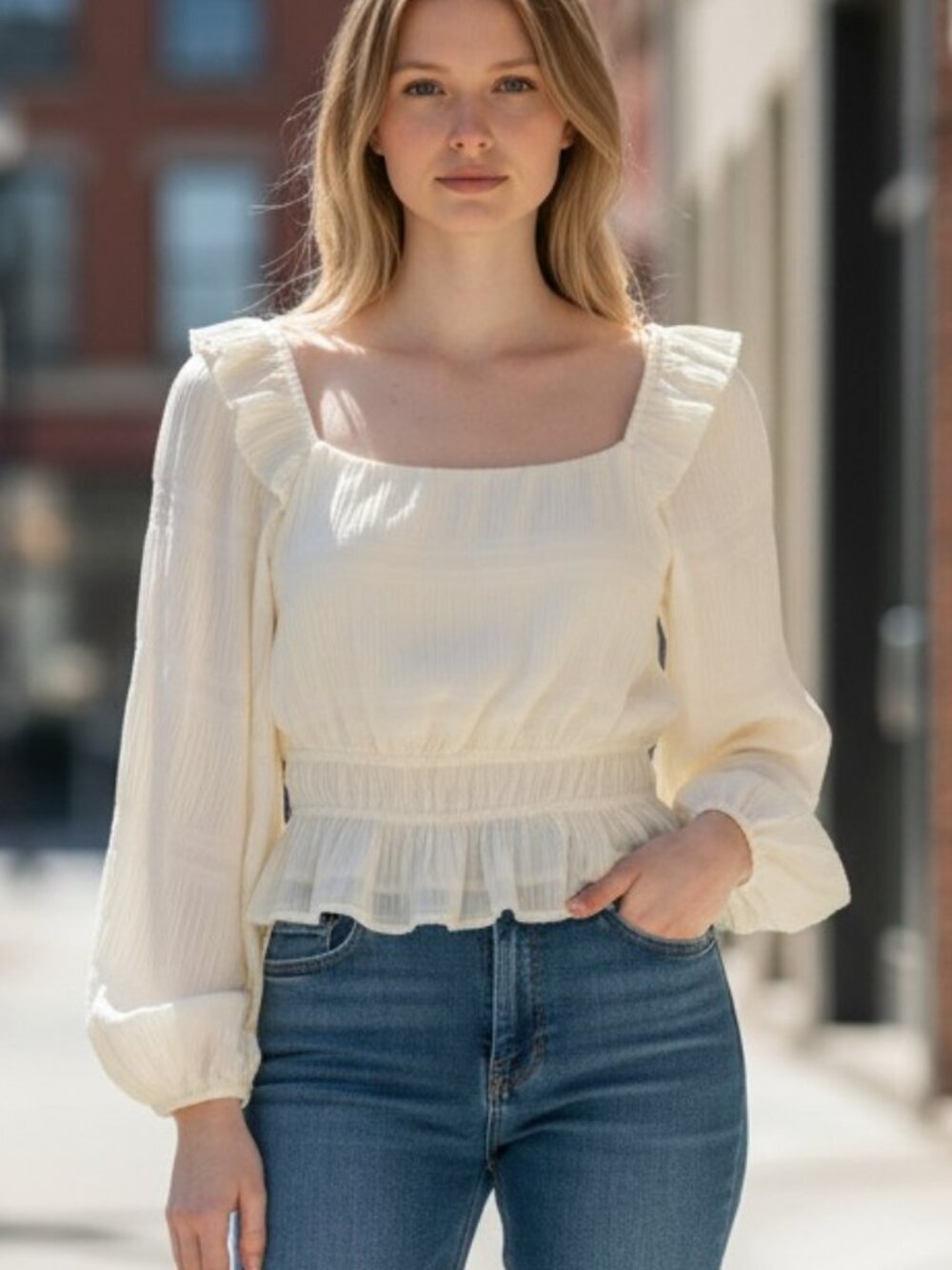 ASTR the Label Bohemian Ruched & Ruffled long sleeve cream blouse Extra-Small